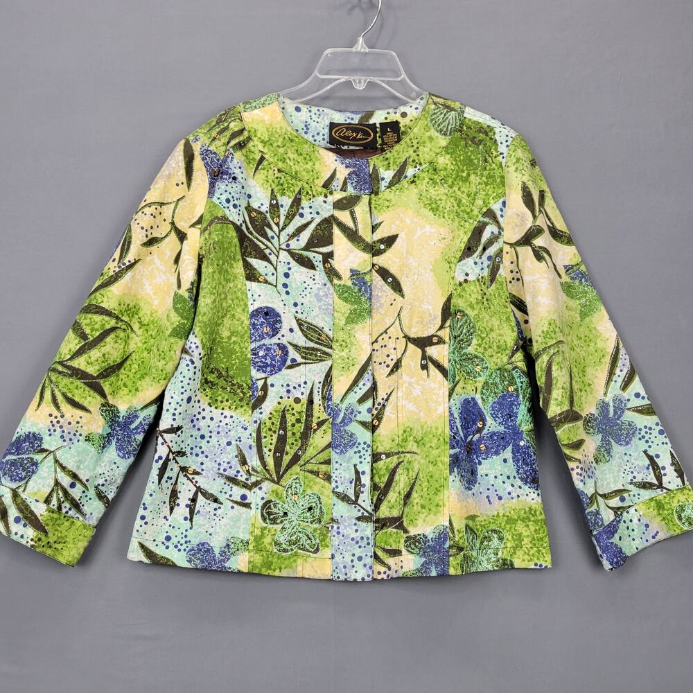Alex Kim Blue Yellow Floral Lightweight Jacket Long Sleeve Sequins Snaps Women L - Picture 2 of 13